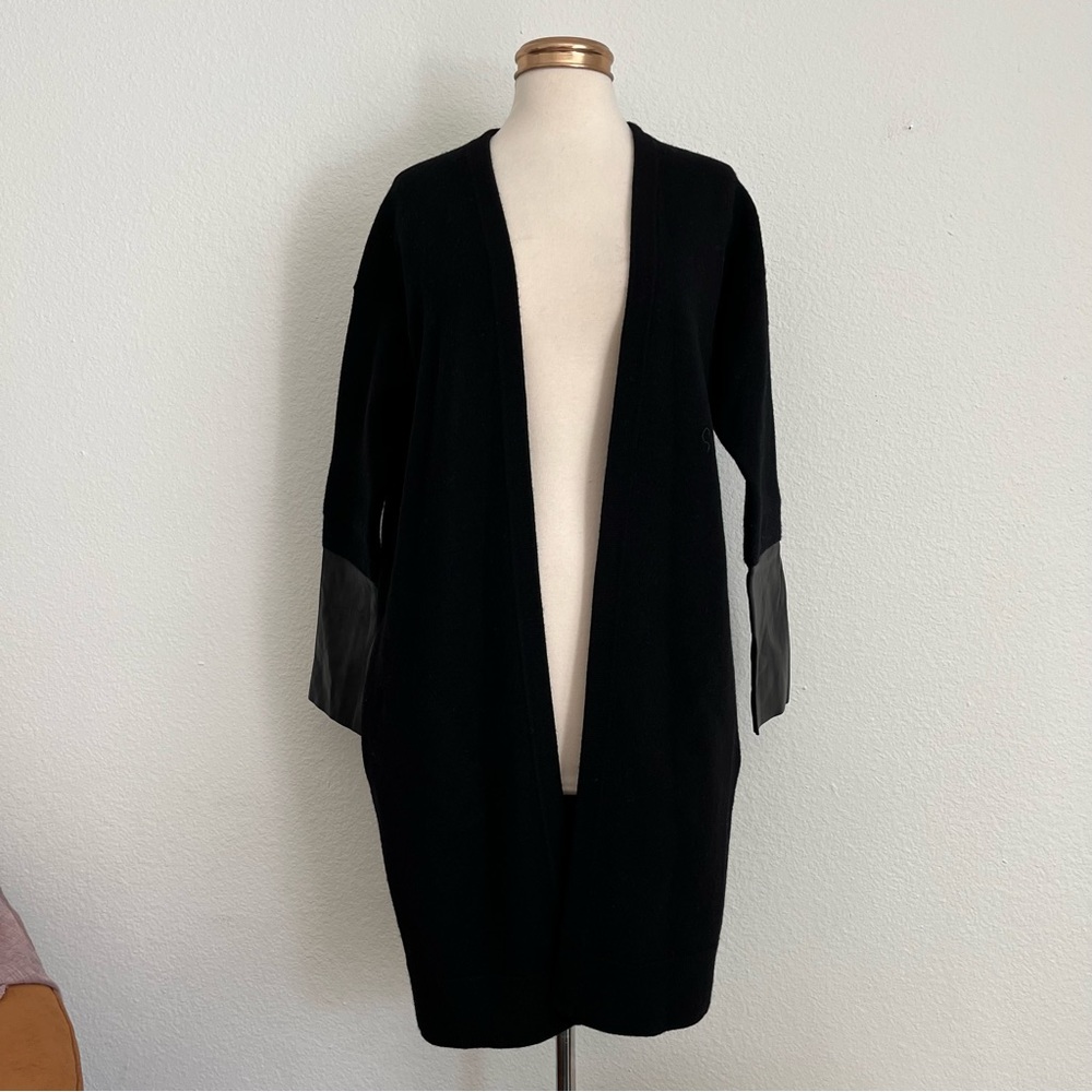ALLSAINTS All Saints Essy Leather Cuff Trim Merino Wool Black Sweater Cardigan - Picture 11 of 12